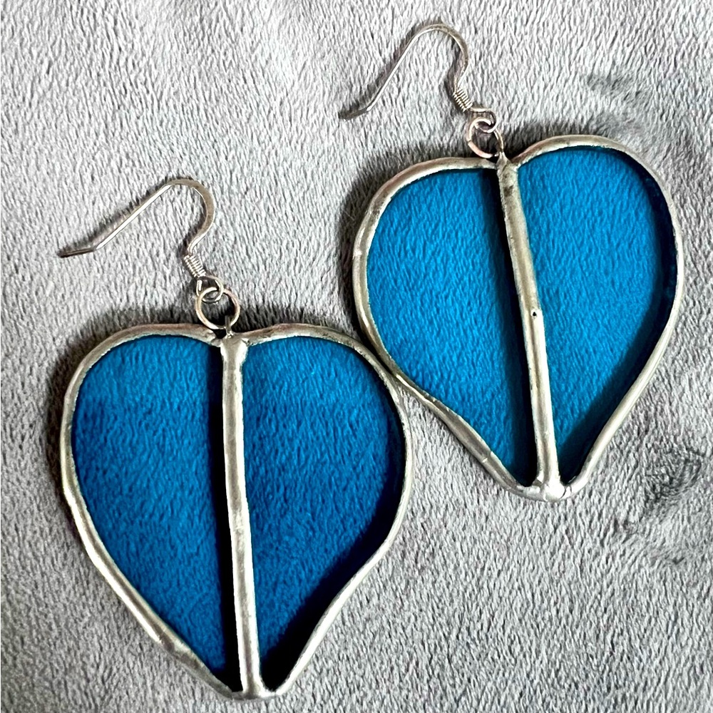 Silver and Blue  Stained Glass Heart Earrings